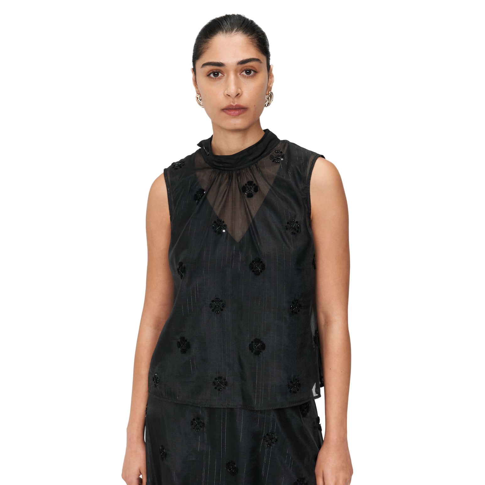 Veronika Maine Beaded Organza Tie Neck Top